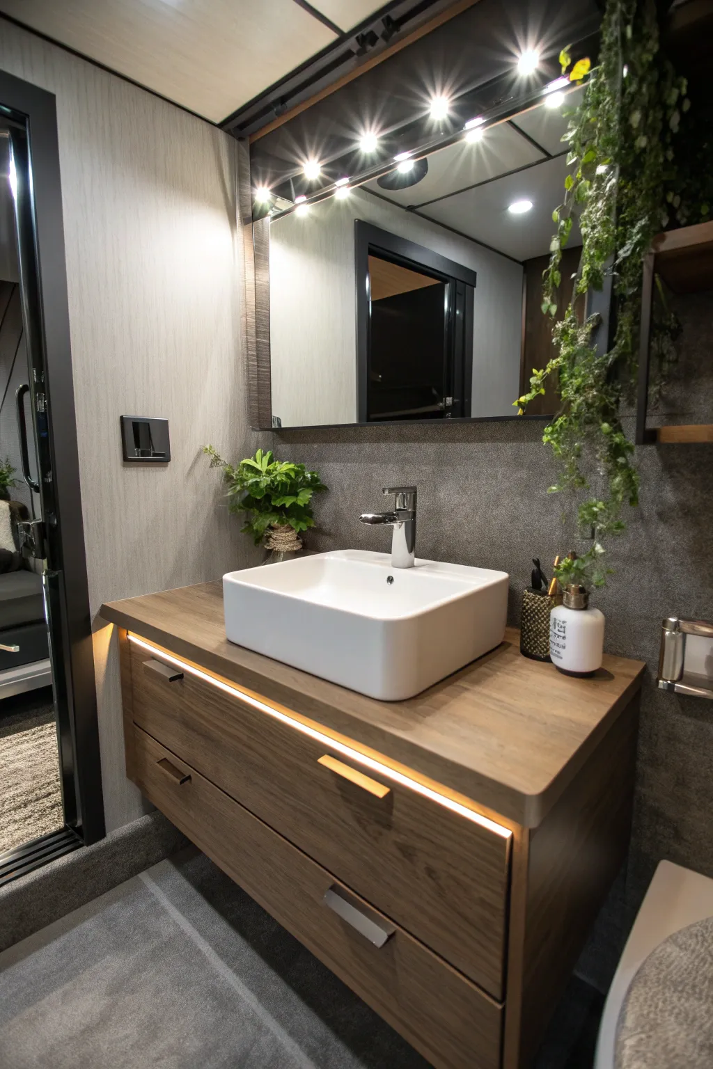 Elevate your trailer bathroom with a chic floating vanity that combines form and function effortlessly.