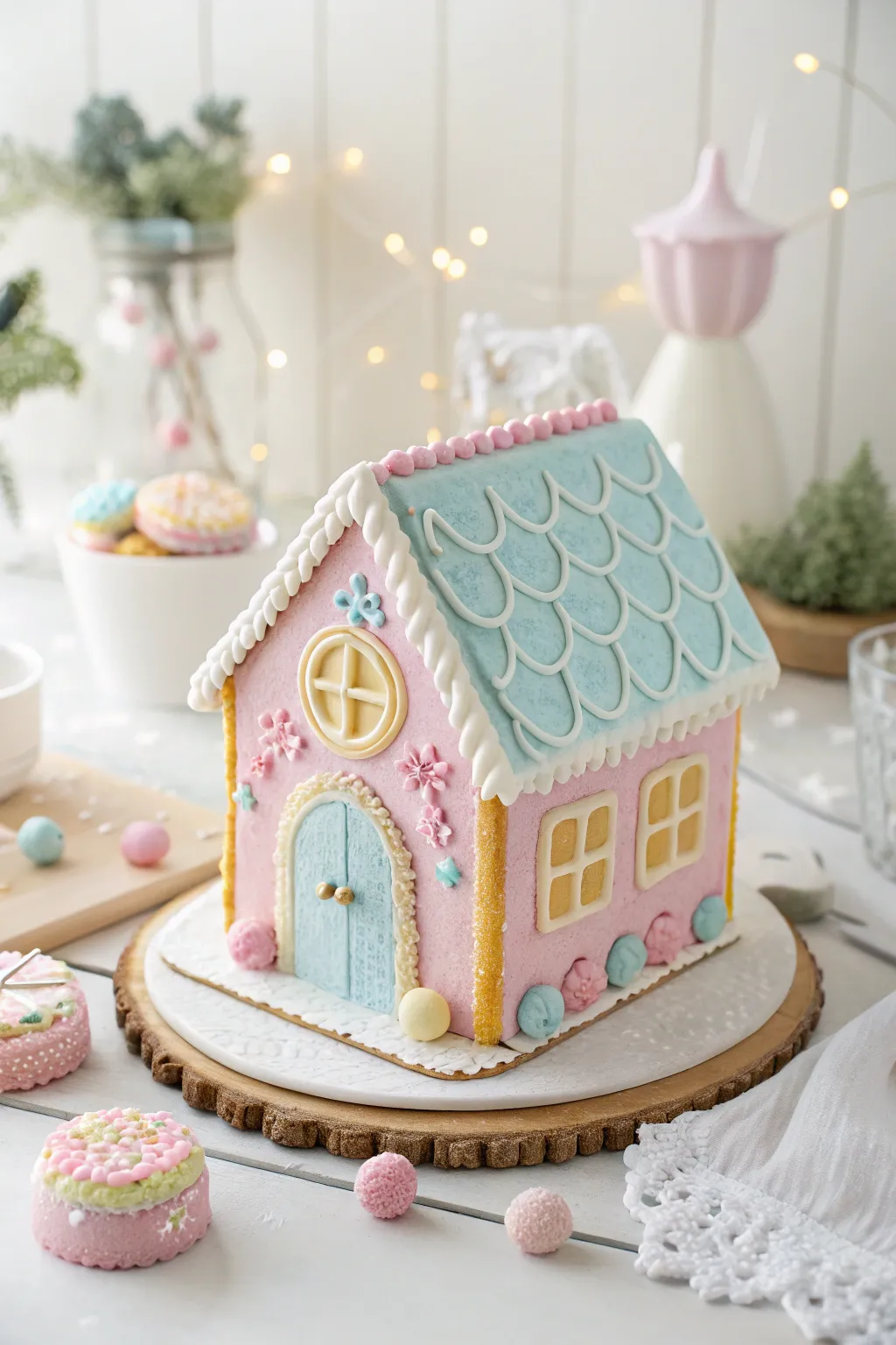 Step into a pastel paradise with this enchanting gingerbread house, where fairy-tale dreams come to life in soft hues.