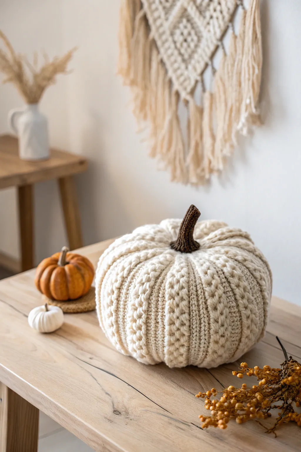 Transform warmth into decor with a cozy chunky knit pumpkin centerpiece. Perfect for embracing the autumn vibes!