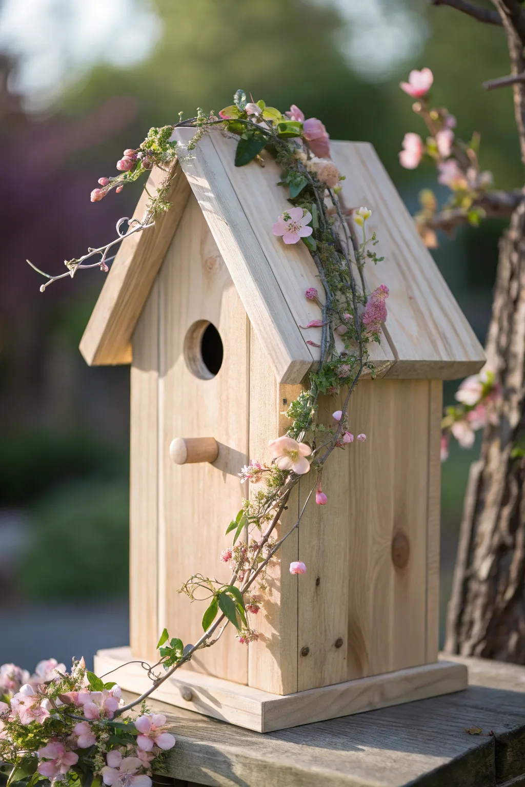 Embrace the magic of nature with this minimalist fairy birdhouse adorned with enchanting flowering vines.