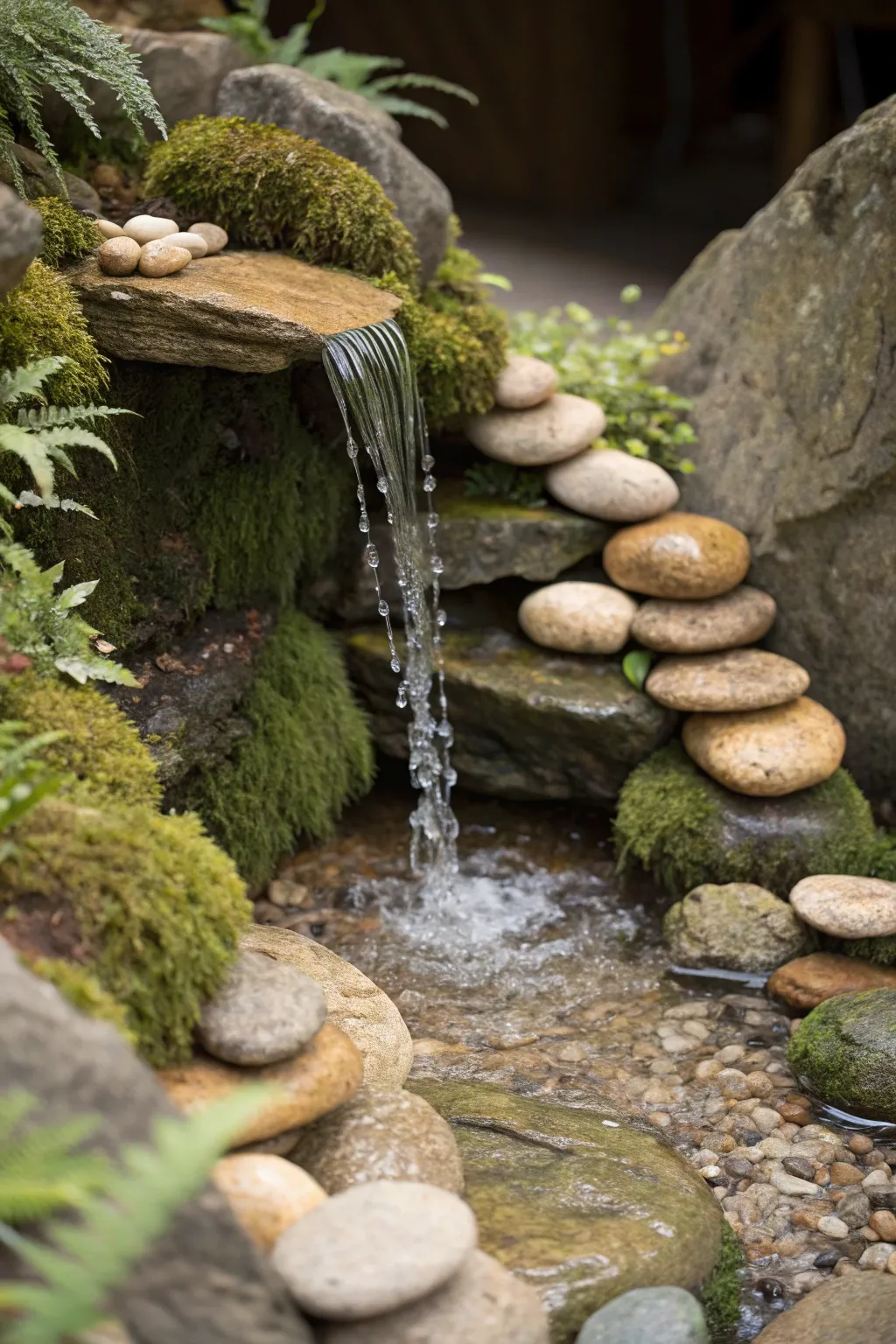 Embrace tranquility with a miniature waterfall: a touch of nature's elegance in your fairy garden.