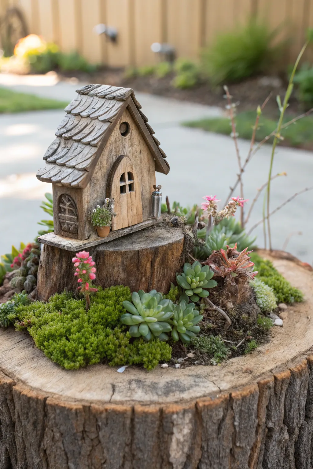 Discover the magic of a miniature garden paradise around a fairy house tree stump.