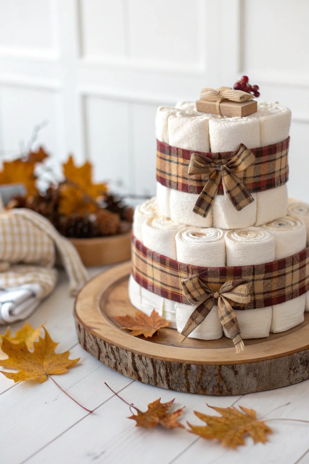 Embrace the warmth of fall with this cozy flannel-wrapped diaper cake, perfect for a touch of seasonal charm.