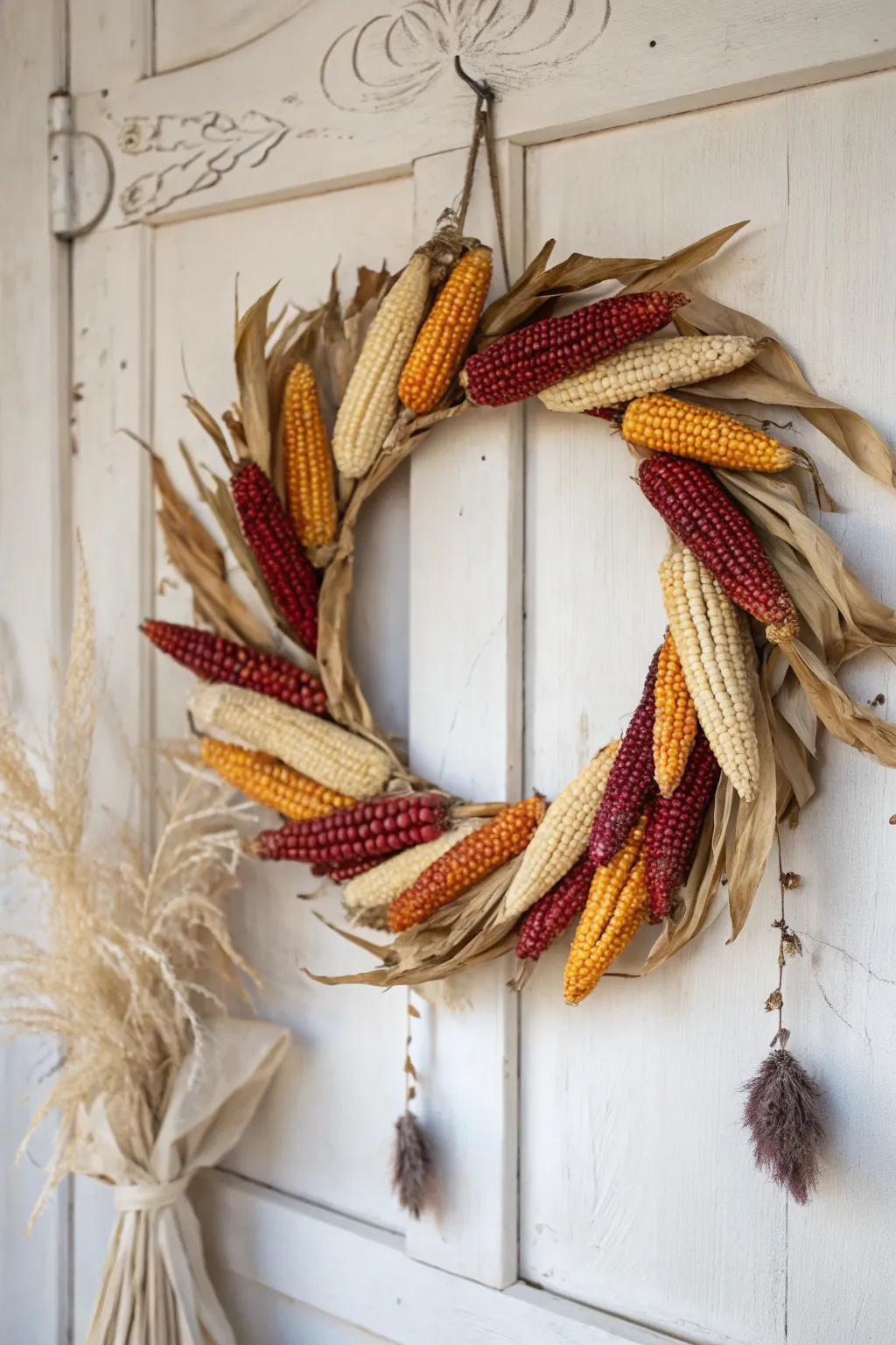 Add a touch of autumn elegance to your door with a handcrafted corn husk wreath. 🍂✨