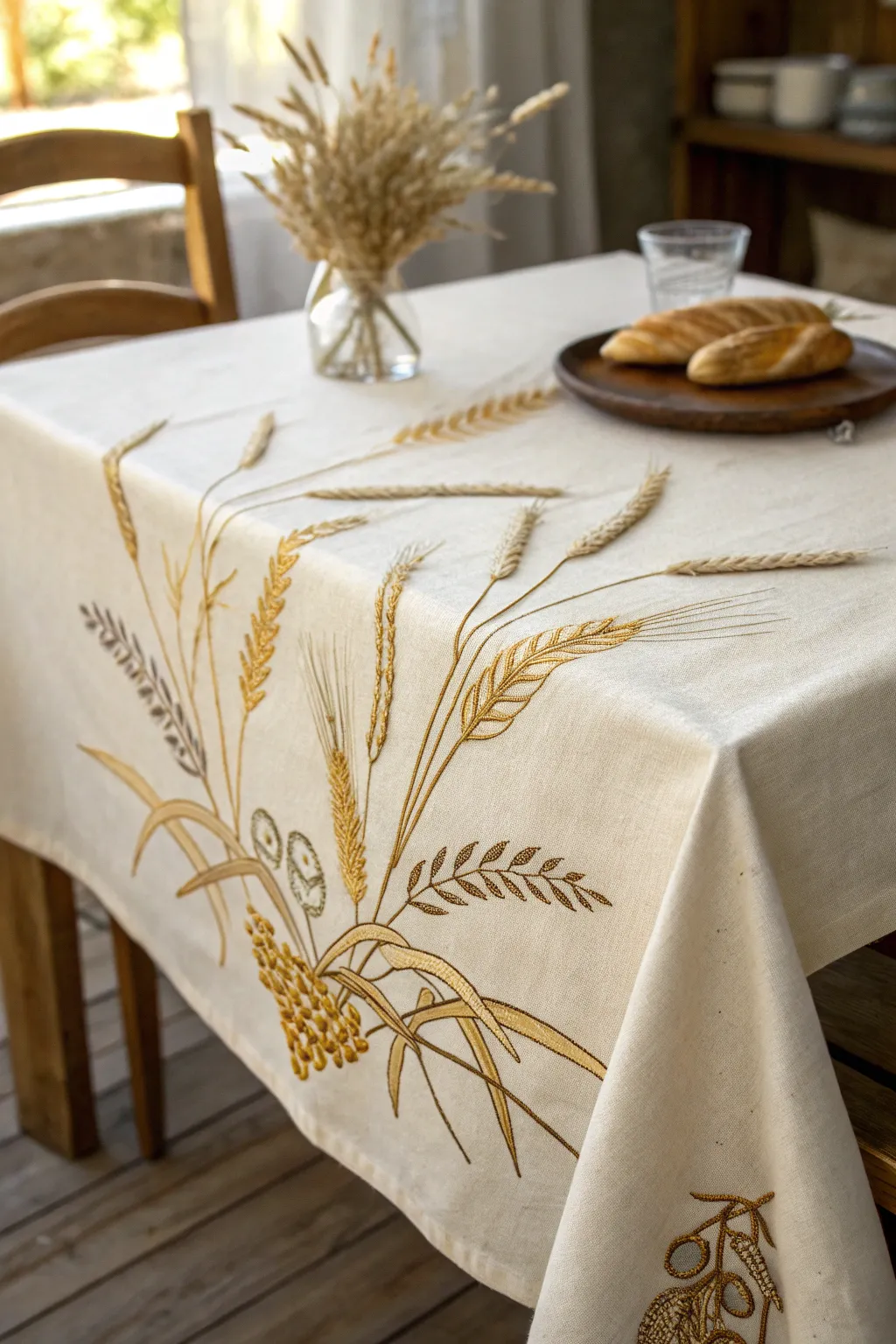 Embrace the elegance of autumn with beautifully embroidered wheat stalks.