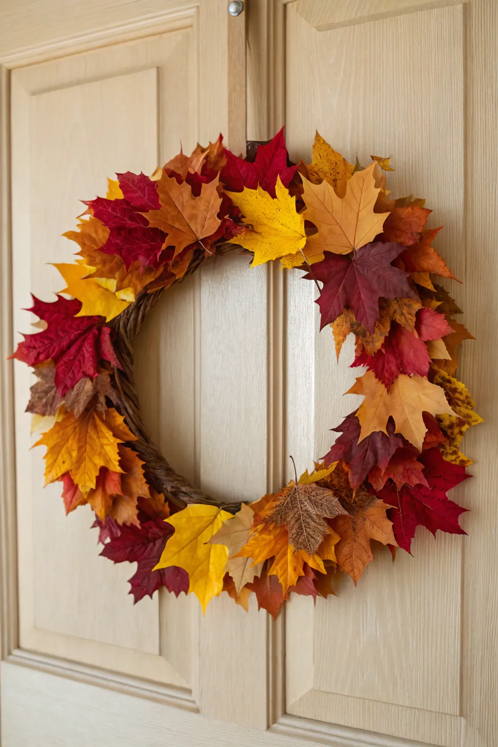 Welcome autumn with a touch of nature's elegance: a leaf-adorned wreath that exudes minimalist charm.