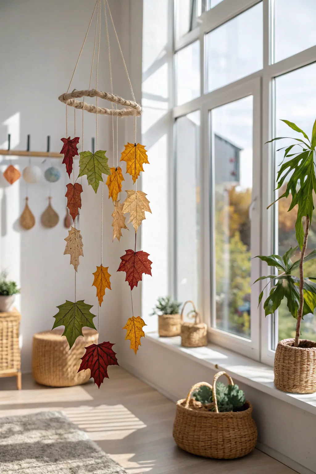 Capture the essence of autumn with a handmade leaf mobile, where simplicity meets elegance in every gentle sway.