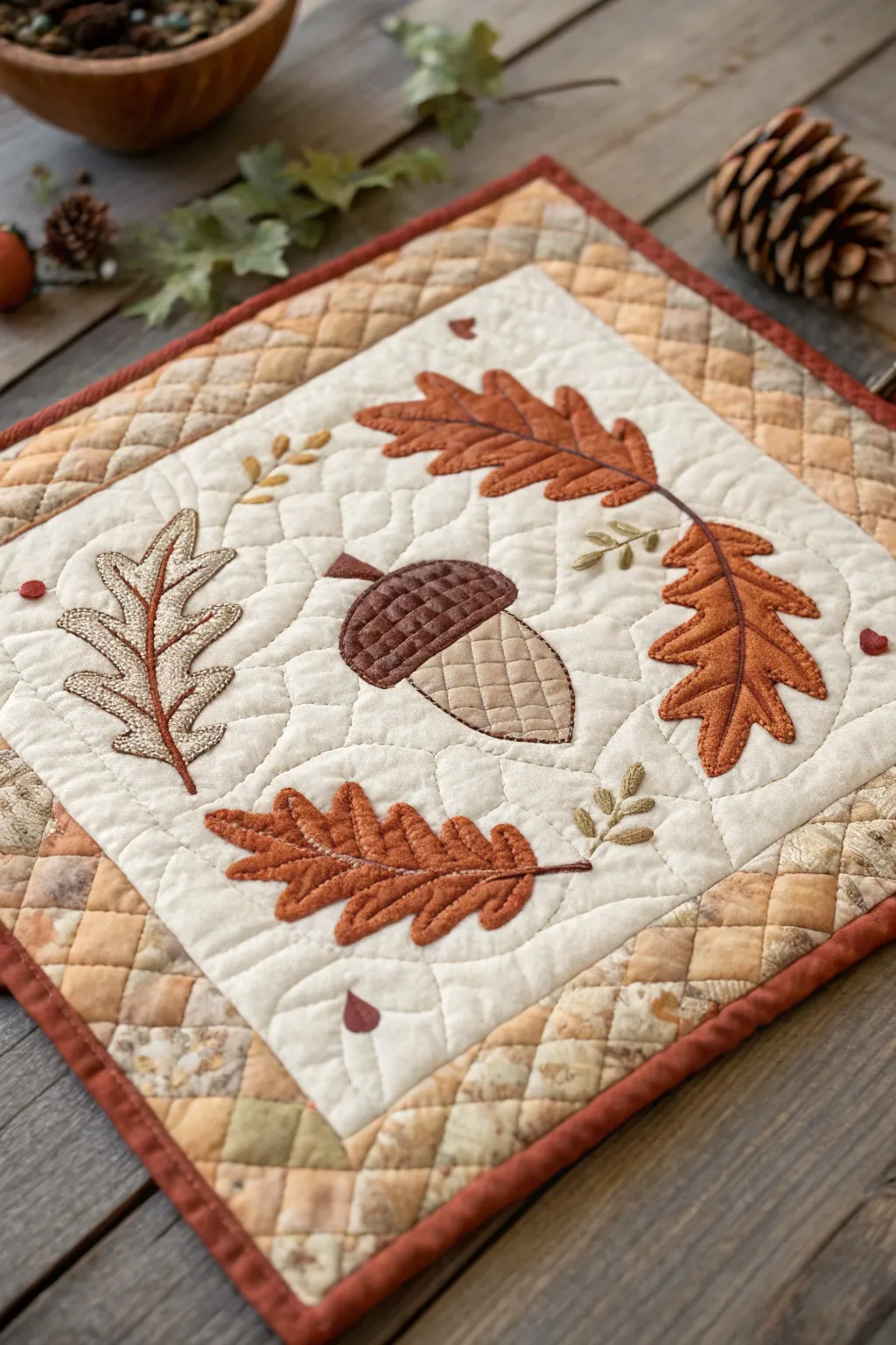 Embrace the season with charming acorn accents in your fall quilt designs.
