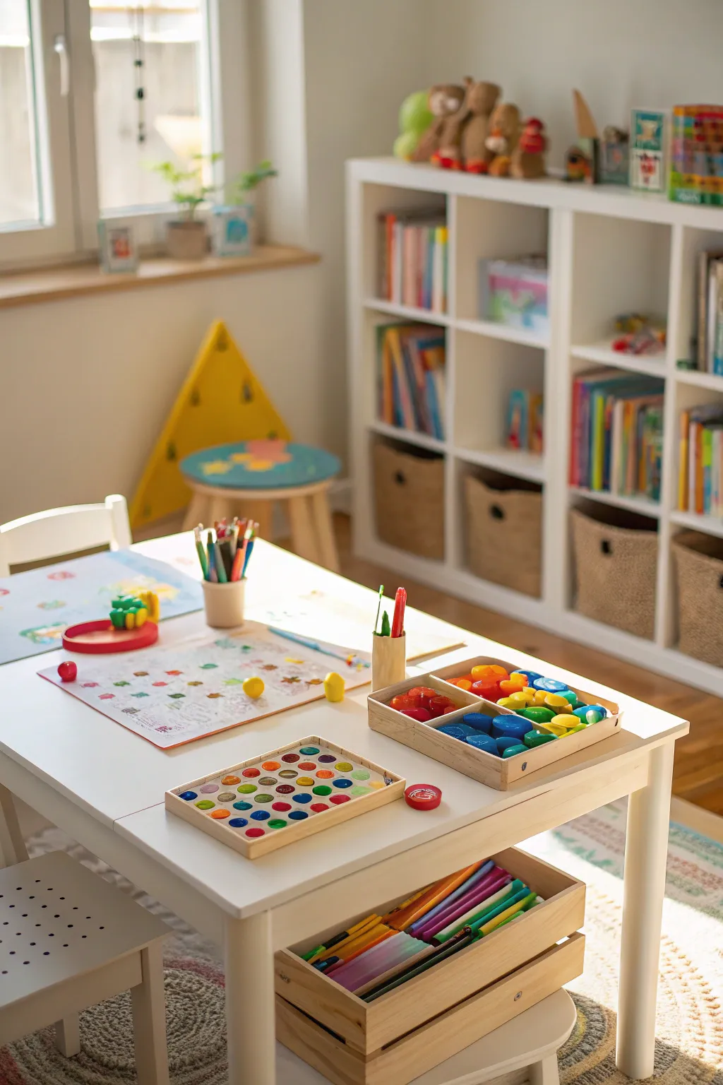 A multifunctional table in the playroom for crafts and games.