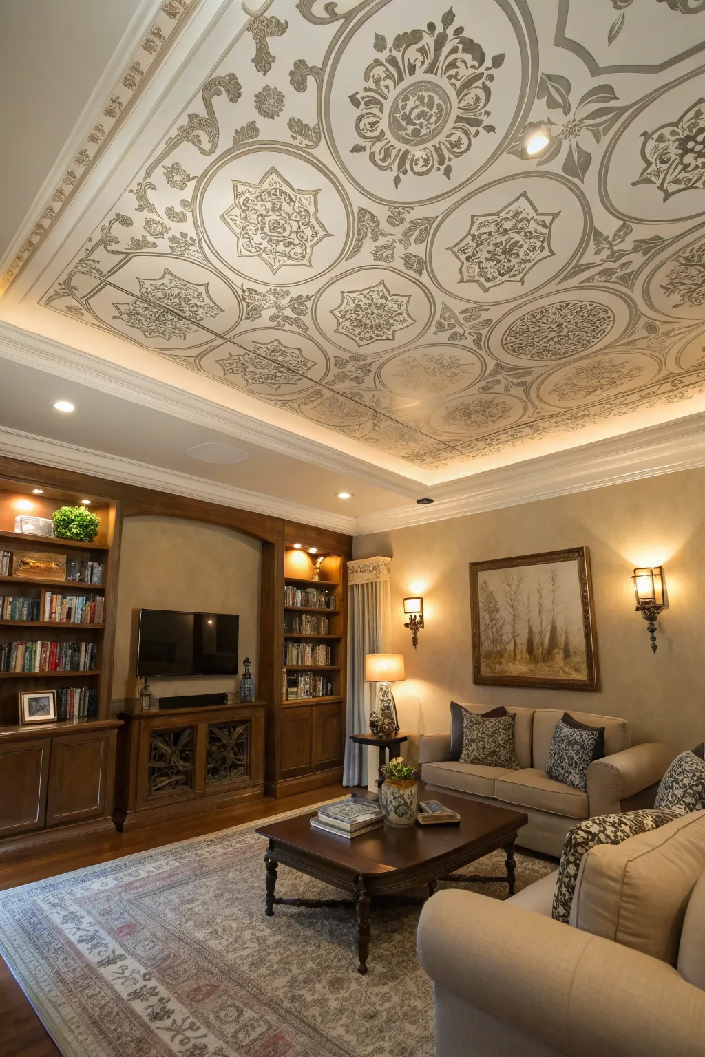 Stenciled patterns personalize your faux tray ceiling beautifully.