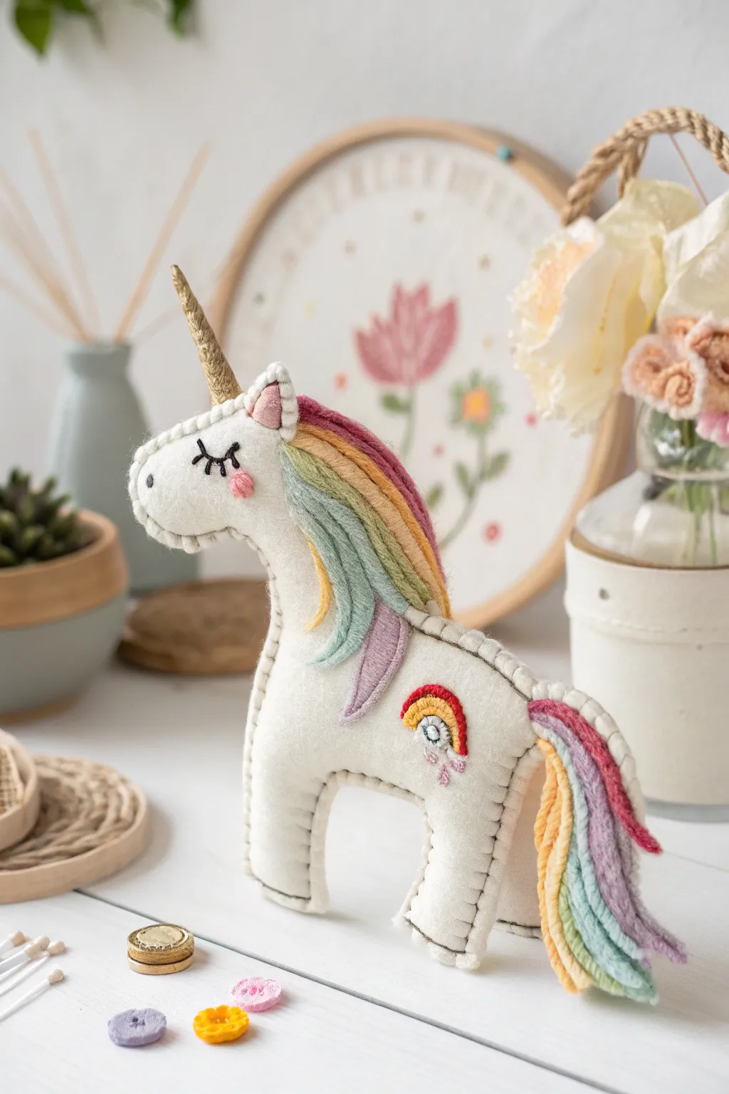 Embrace the magic with this handcrafted felt unicorn, a perfect blend of whimsy and minimalist elegance.