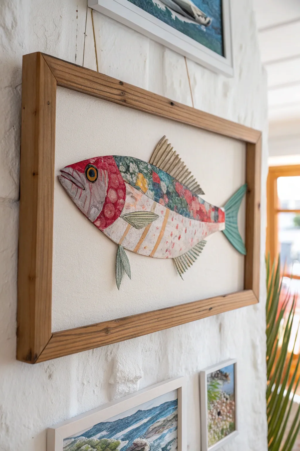 Dive into layers of creativity with this stunning mixed media fish collage, where simplicity meets artistic elegance.