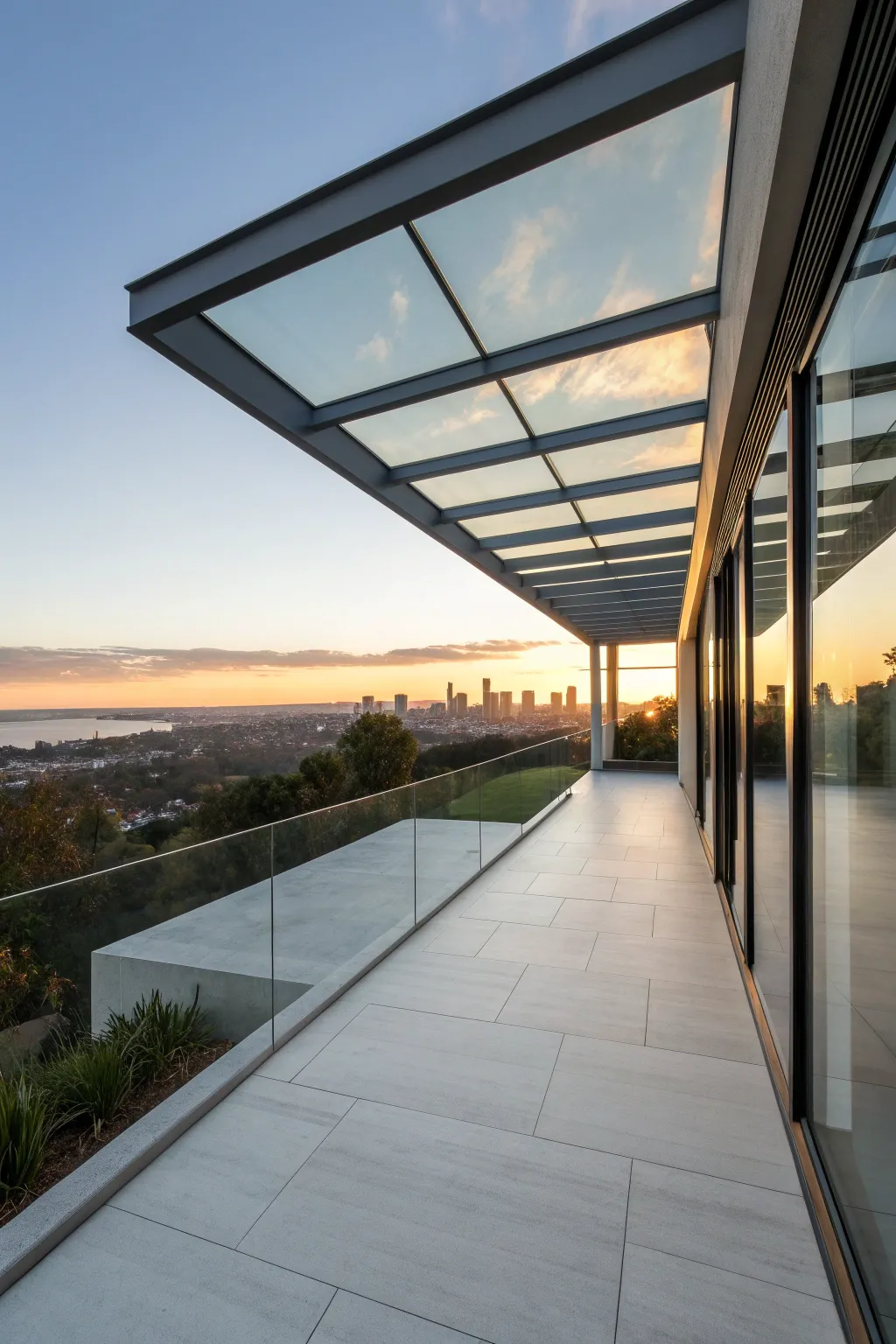 Elevate your outdoor space with a glass perimeter for breathtaking skyline views. #ModernPorch #SkylineViews