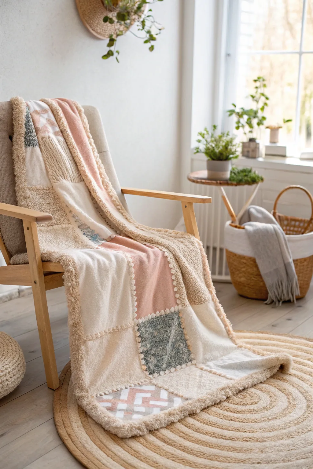 Embrace eco-friendly elegance with a fleece blanket adorned in charming fabric scrap binding, perfect for a cozy minimalist touch.
