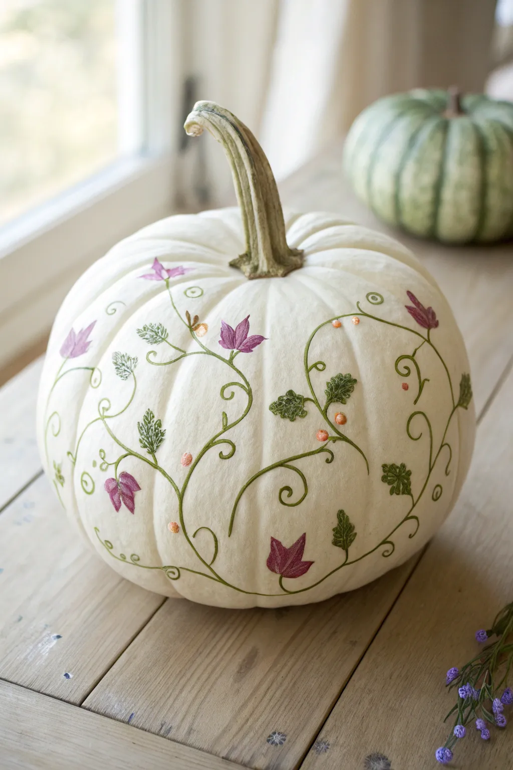 Enchant your space with Scandinavian elegance: a beautifully painted pumpkin with vibrant vine patterns.
