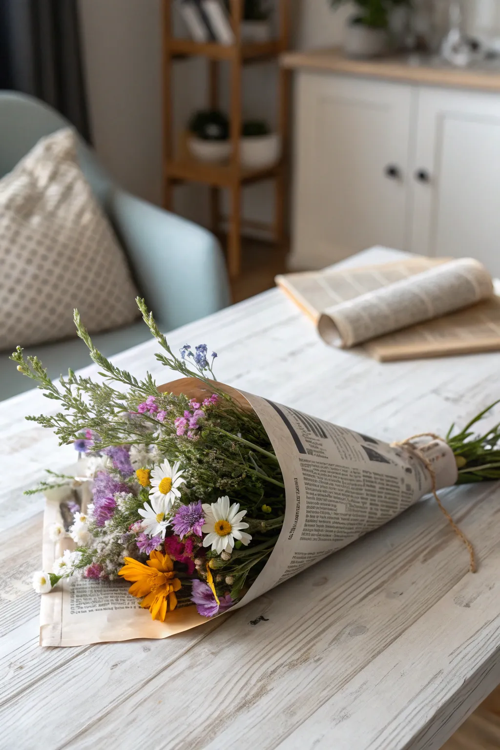 Embrace vintage charm with eco-friendly newspaper-wrapped blooms.