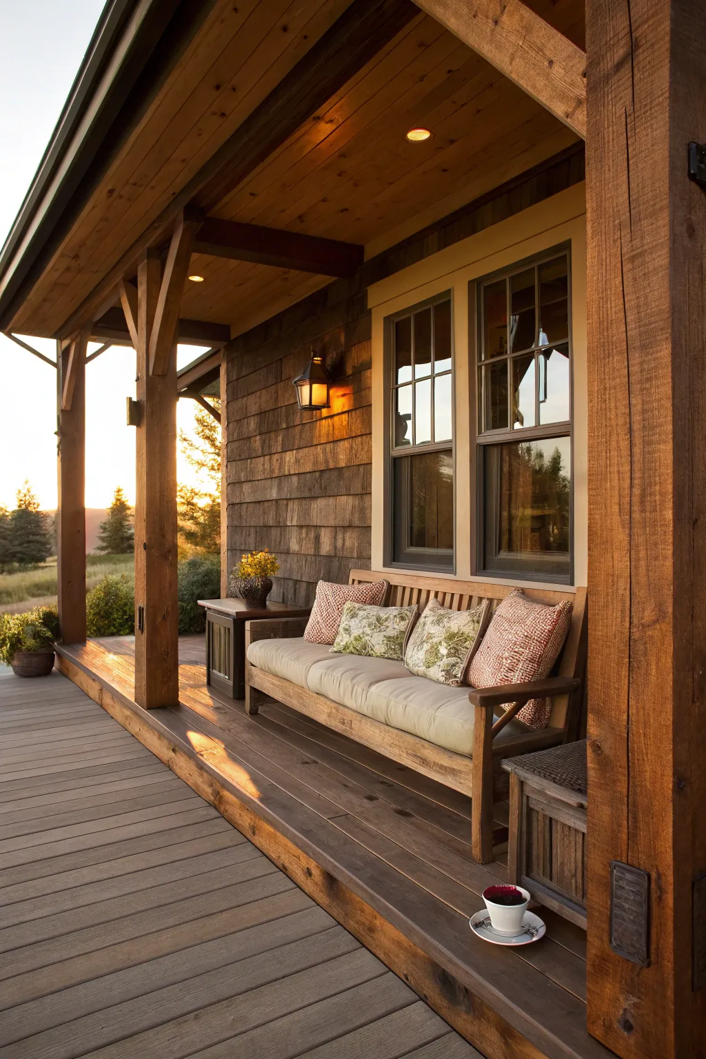 Transform your porch into a cozy retreat with integrated beam seating.