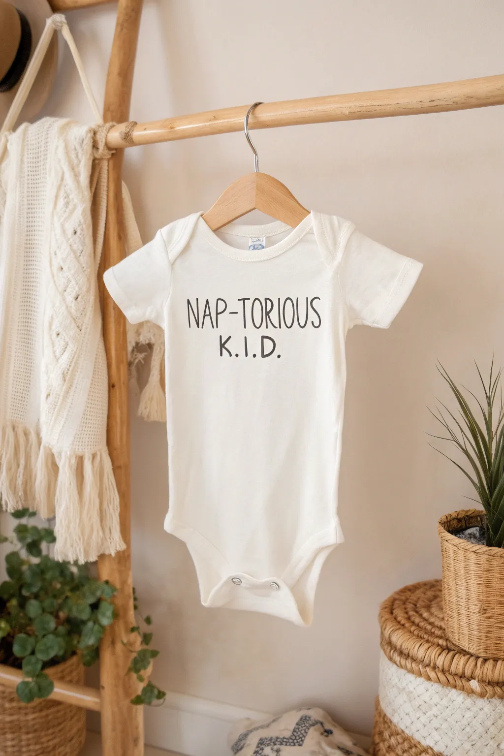 Add a touch of humor to nap time with this 'Nap-torious K.I.D.' onesie, perfect for style-savvy parents who appreciate minimalism with a playful twist.