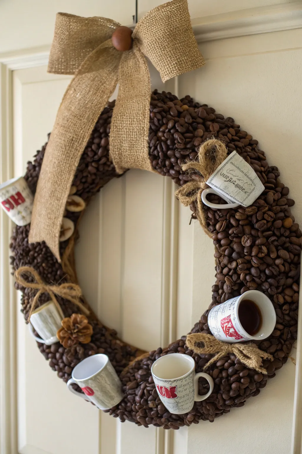 Coffee beans and more in a caffeinated wreath.