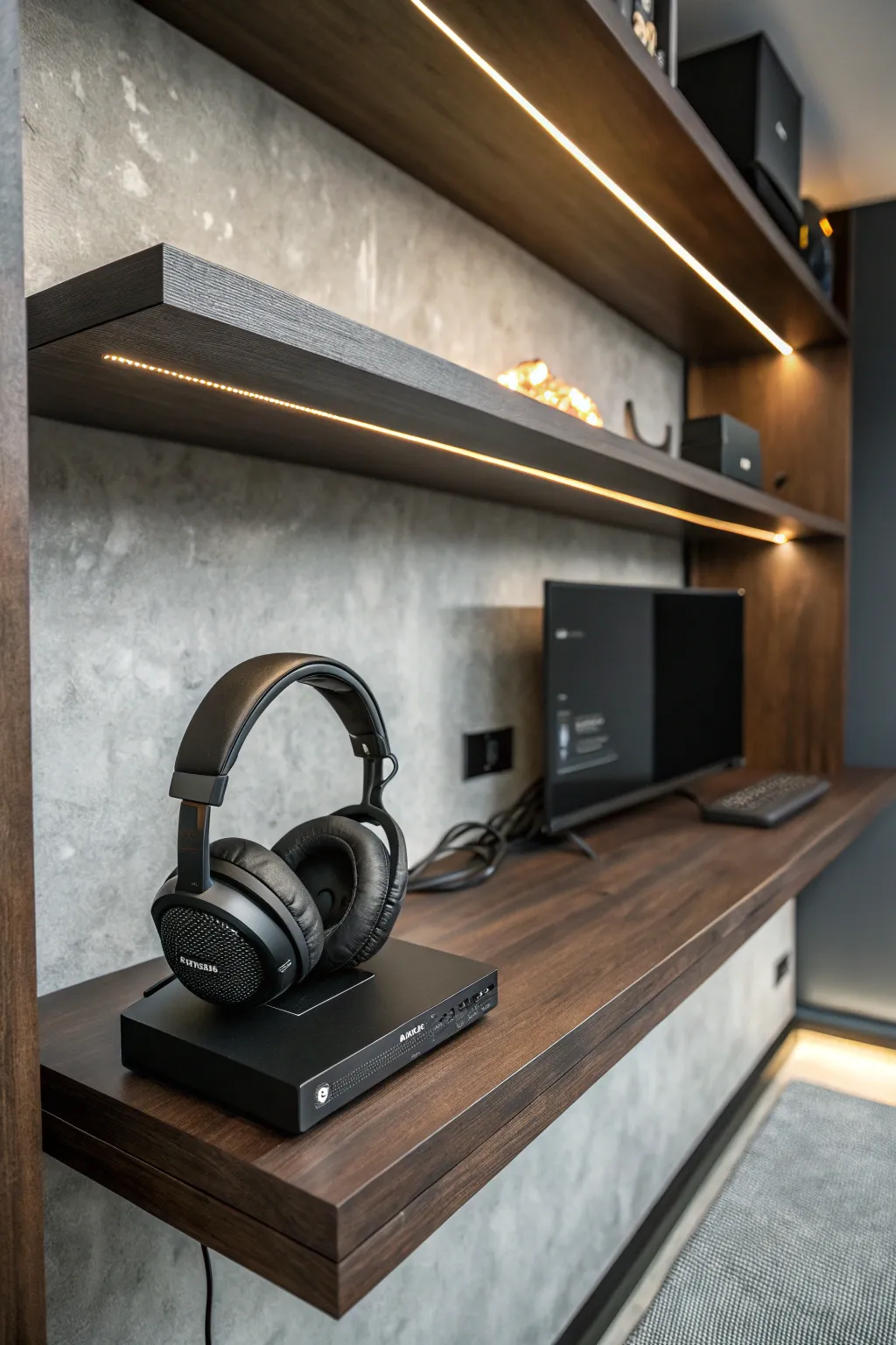 Elevate your gaming space with stylish shelving for your top gear.