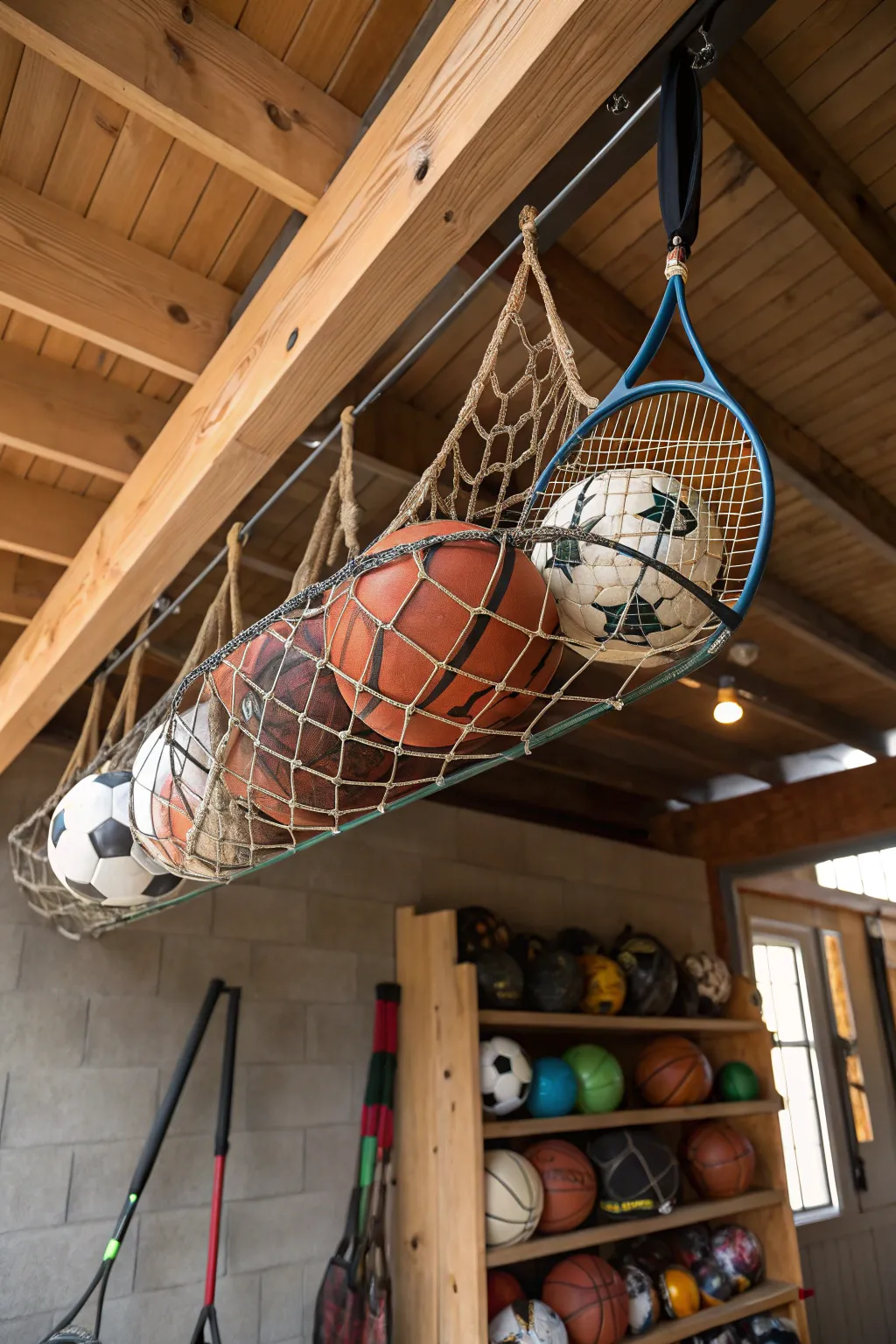 Elevate your garage organization with a sleek mesh net for sports gear storage.
