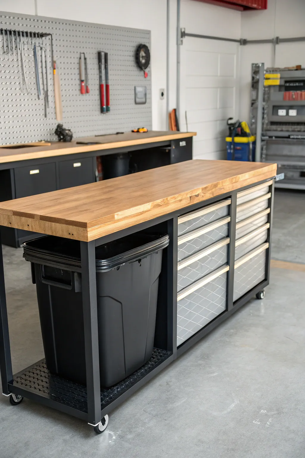 Elevate your garage organization with stylish under-bench trash storage.
