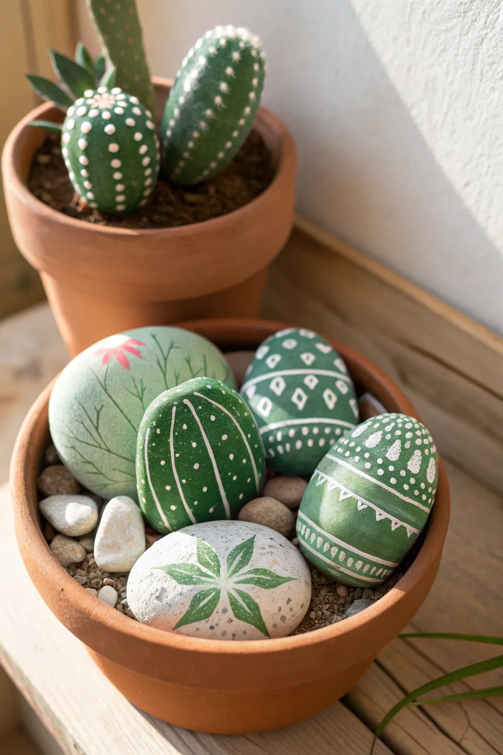 Bring the desert indoors with these charming cactus rock creations, perfect for a touch of nature-inspired artistry.