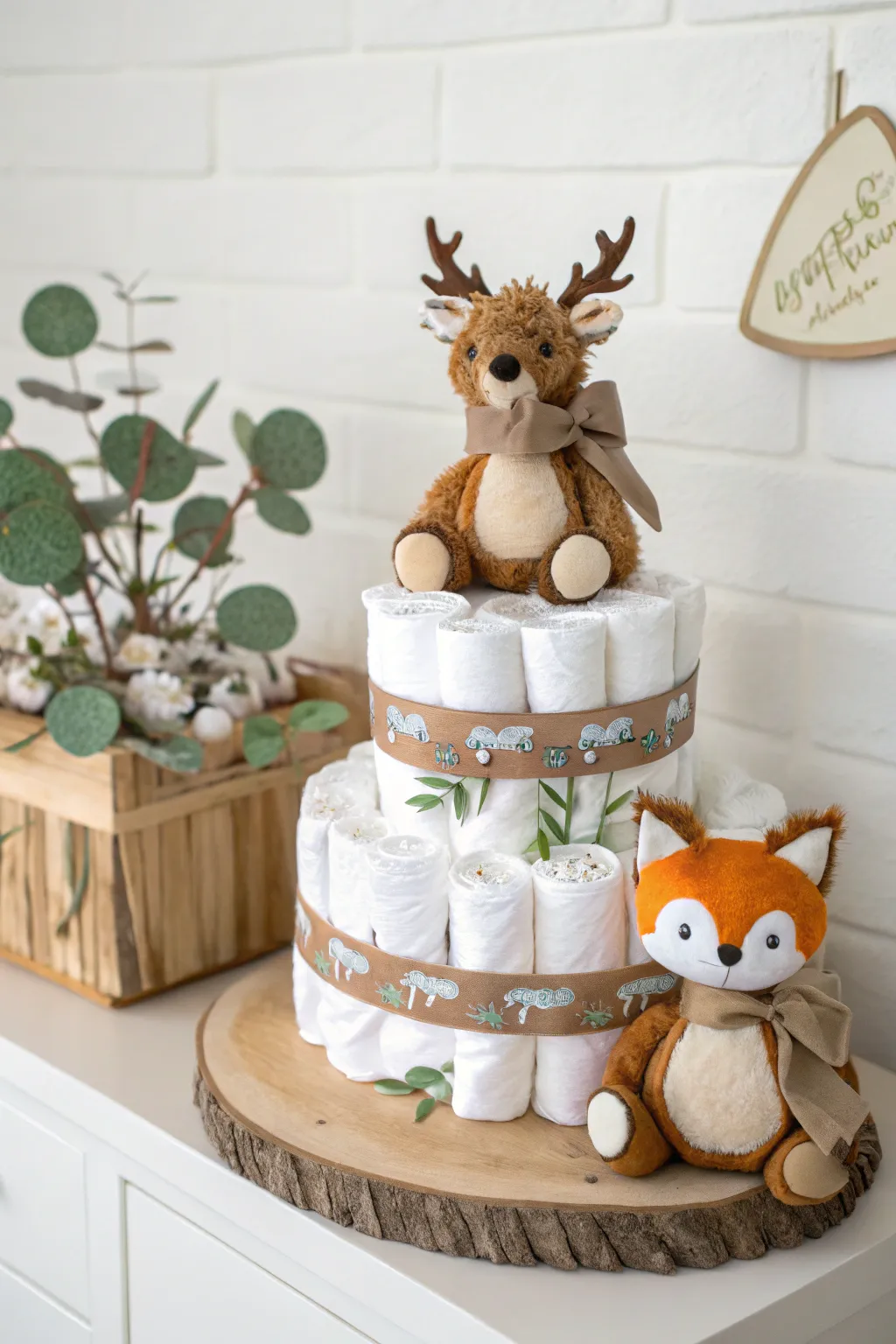 Embrace the charm of the forest with this delightful woodland diaper cake, where simplicity meets nature's whimsy.