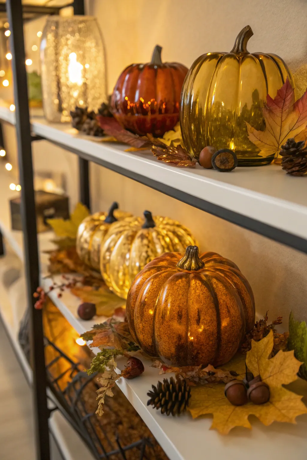 Colorful glass pumpkins add vibrancy to fall decor.