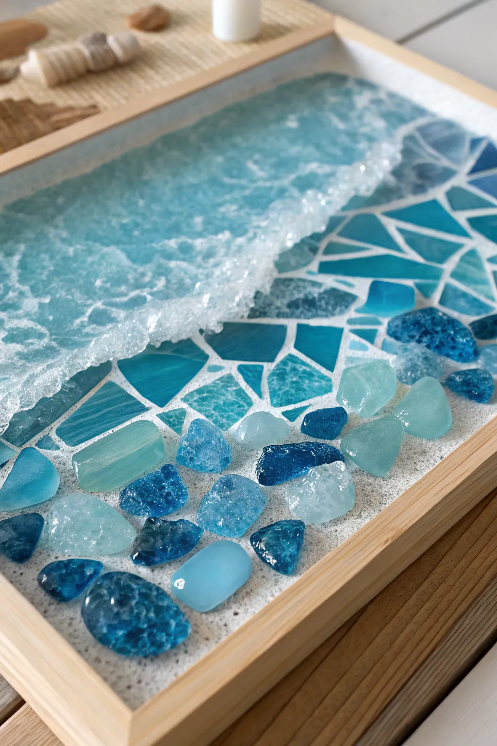 Dive into the tranquil beauty of this underwater mosaic, where sea glass meets artistry.
