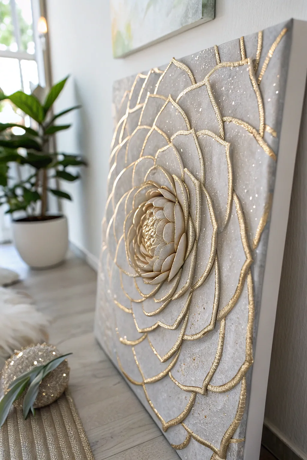 Elevate your space with the understated elegance of textured glitter art.