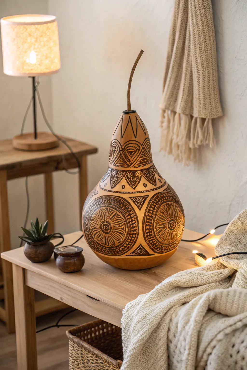 Illuminate your space with cultural elegance: A gourd lamp inspired by traditional African art.