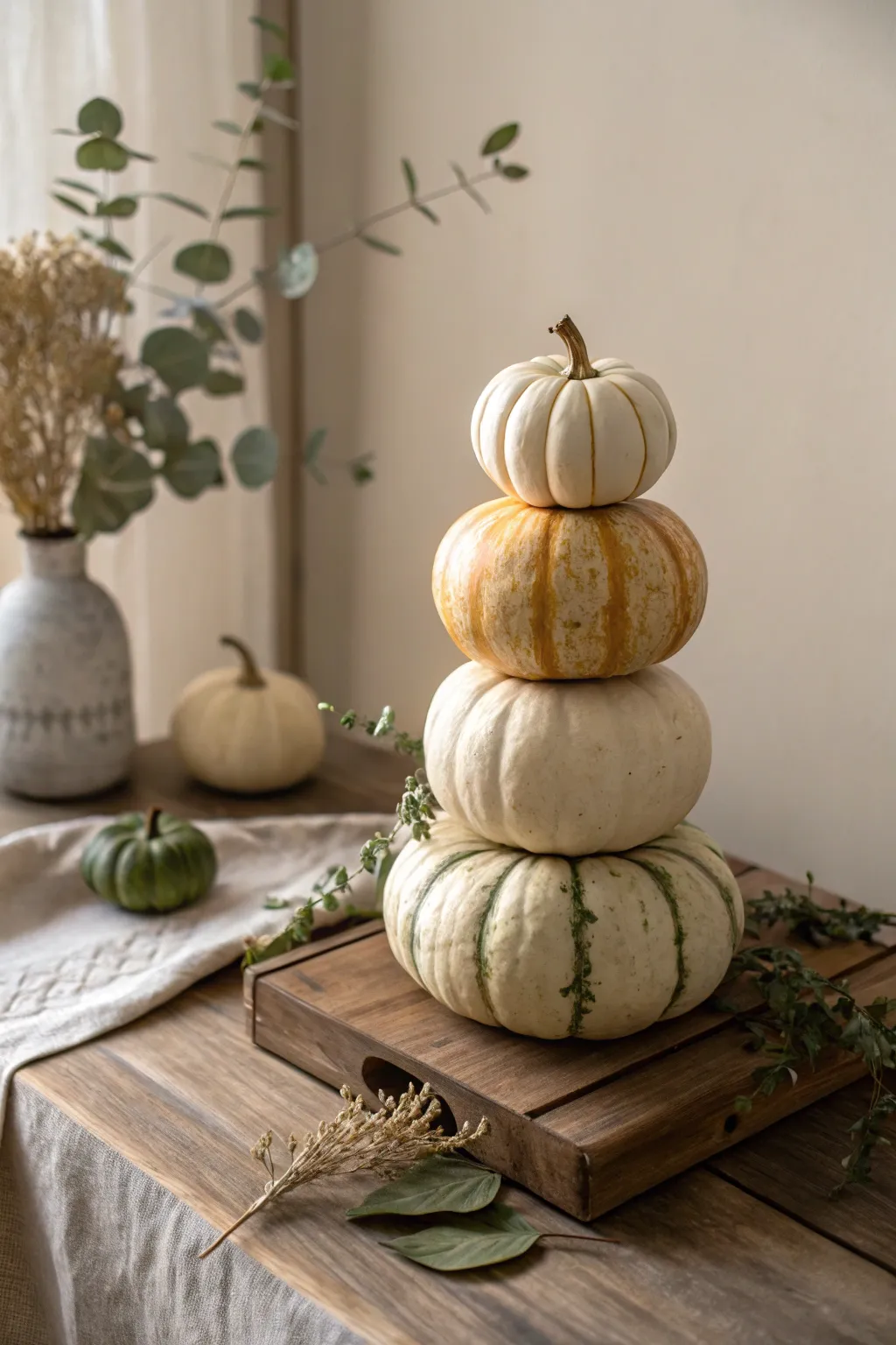 Elevate your autumn decor with a charming gourd tower that speaks to minimalist elegance and boho flair.