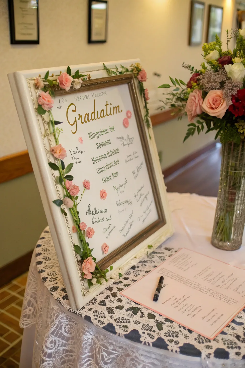 A floral framed signing board adding elegance to the occasion.