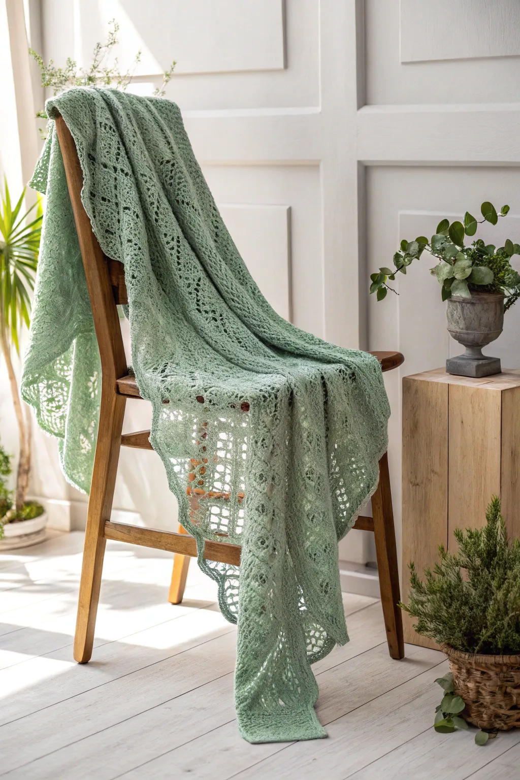 Wrap yourself in elegance with this handcrafted green lace shawl, perfect for a breezy evening out.