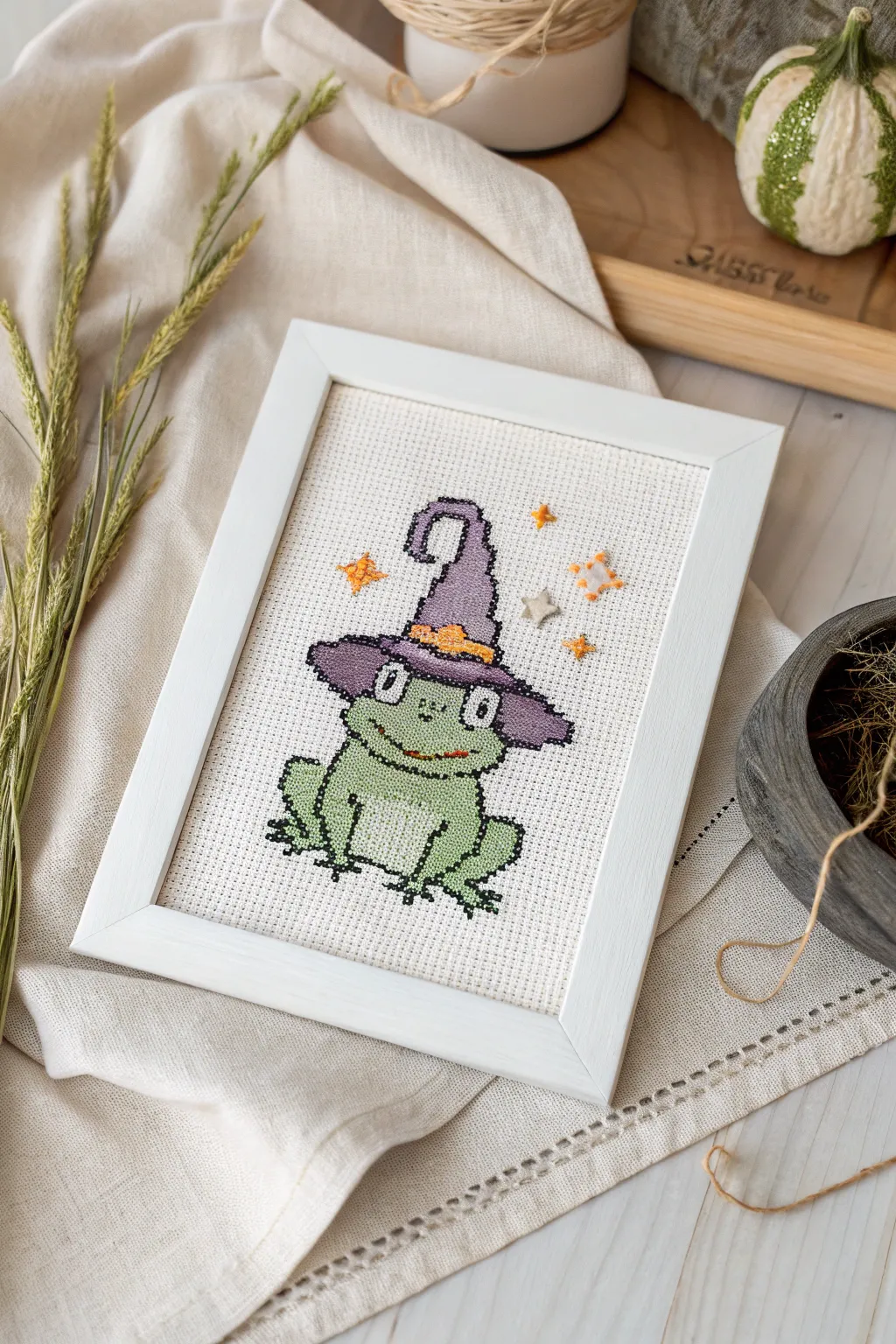 Enchant your space with a charming pixel art frog in a witch hat, blending fantasy and minimalist elegance.