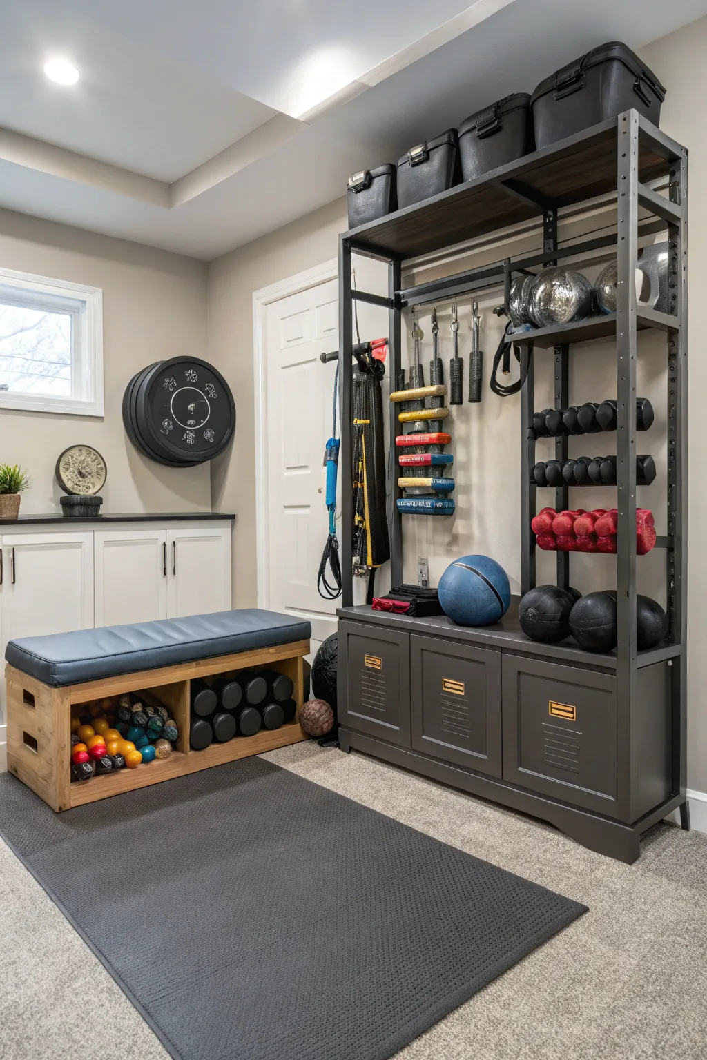 Multi-functional furniture maximizes space in compact gym rooms.