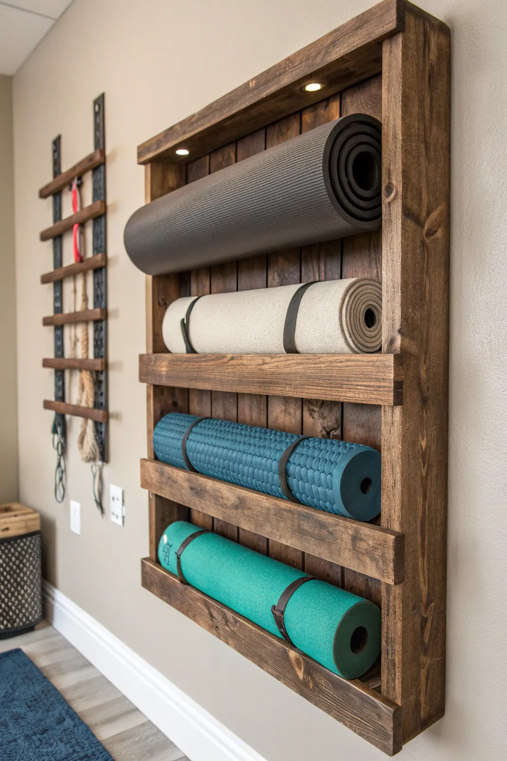 Elevate your gym space with this handcrafted yoga mat holder, where functionality meets style.