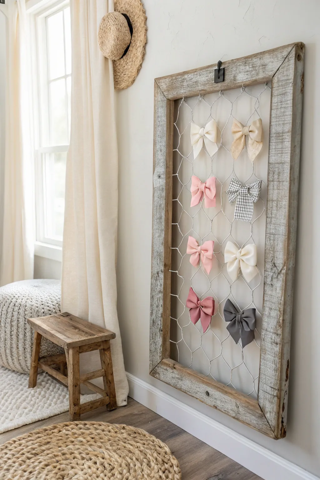 Transform your space with a touch of rustic elegance: a charming chicken wire bow holder that’s as practical as it is beautiful.