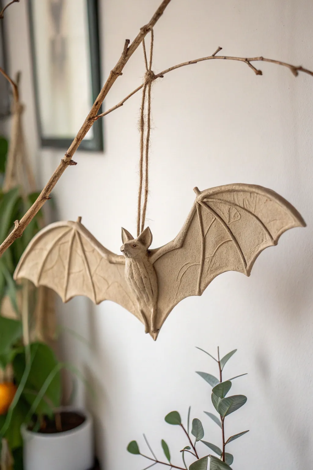 Elevate your Halloween decor with minimalist clay bats in flight.