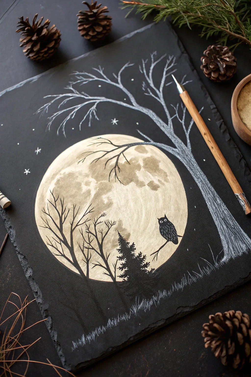 Embrace the enchantment of a moonlit night with this minimalist chalk art masterpiece.