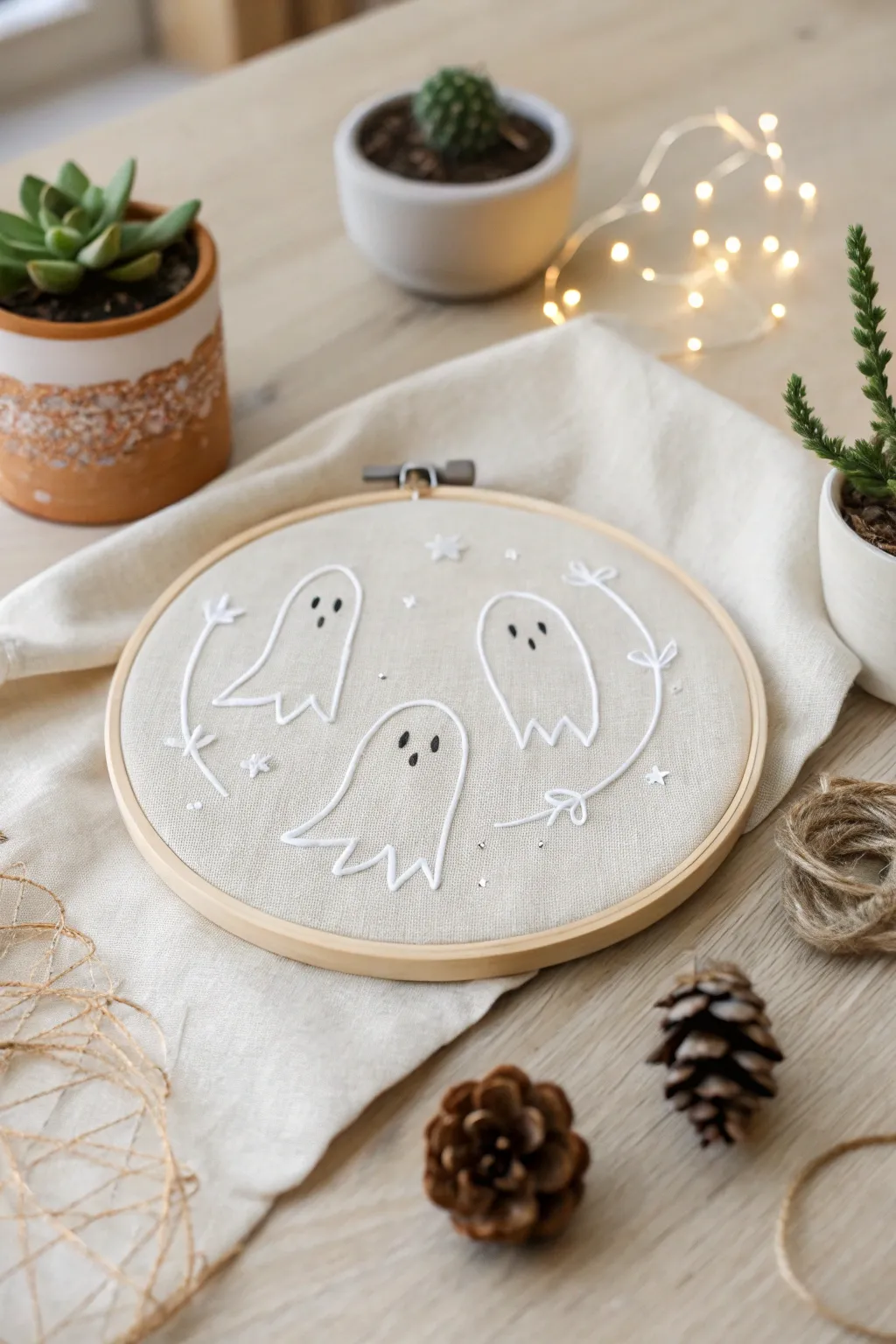 Embrace the charm of minimalist Halloween decor with this enchanting ghost embroidery project.