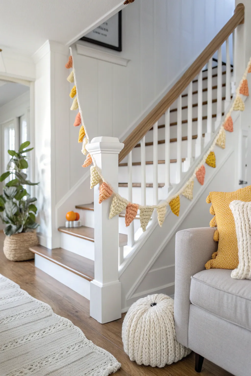 Add a touch of festive charm with a handcrafted candy corn garland, perfect for minimalist décor lovers.