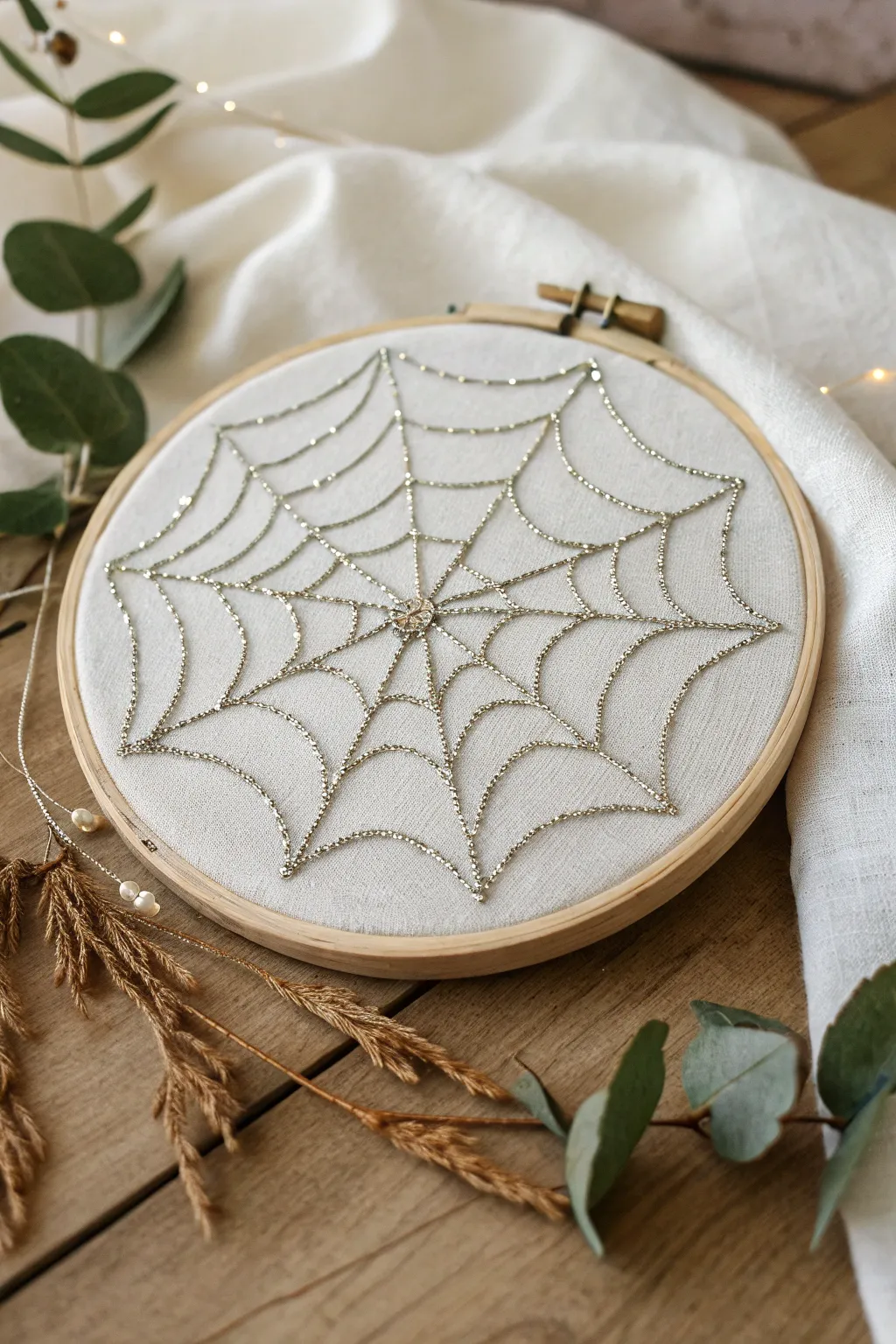 Add a touch of shimmer to your Halloween decor with enchanting spider web embroidery.