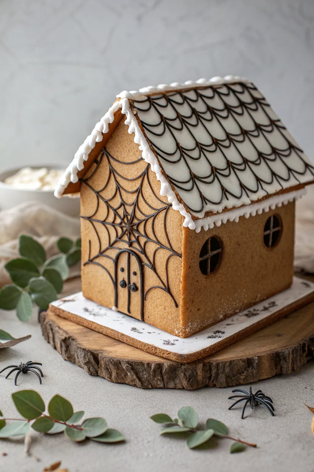 Embrace the simplicity of a webbed roof for a chic Halloween gingerbread house!
