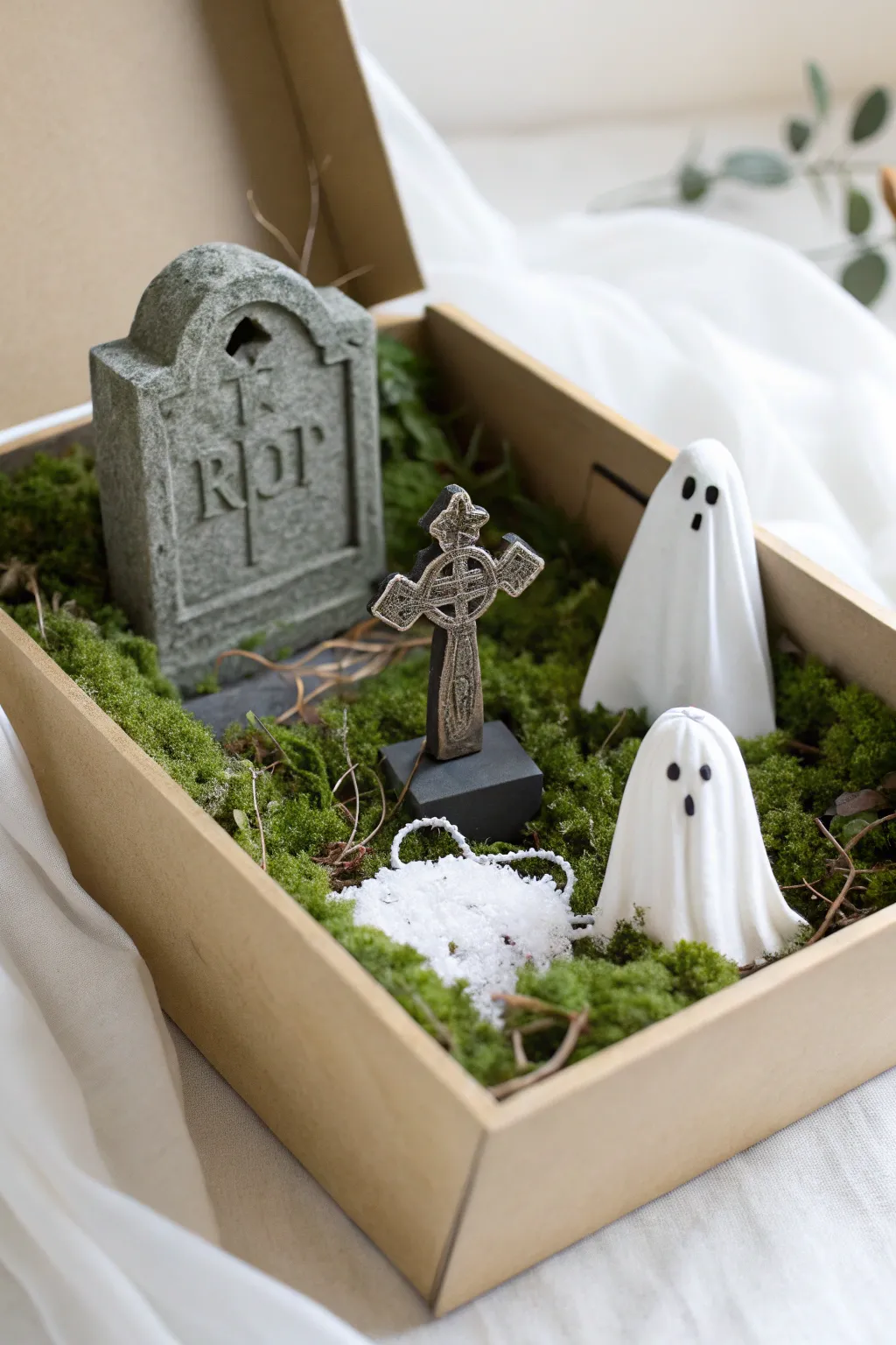 Step into a serene Halloween tale with minimalist graveyard elegance.