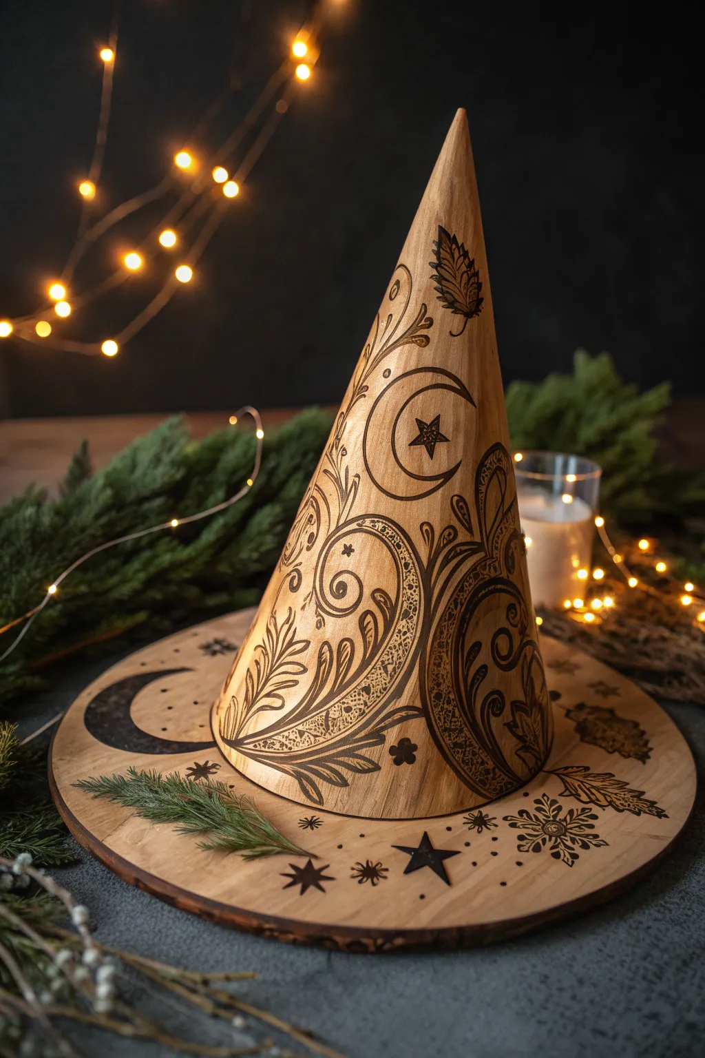 Enchant your space with this exquisite wood-burned witch hat, a perfect blend of artistry and Halloween magic.