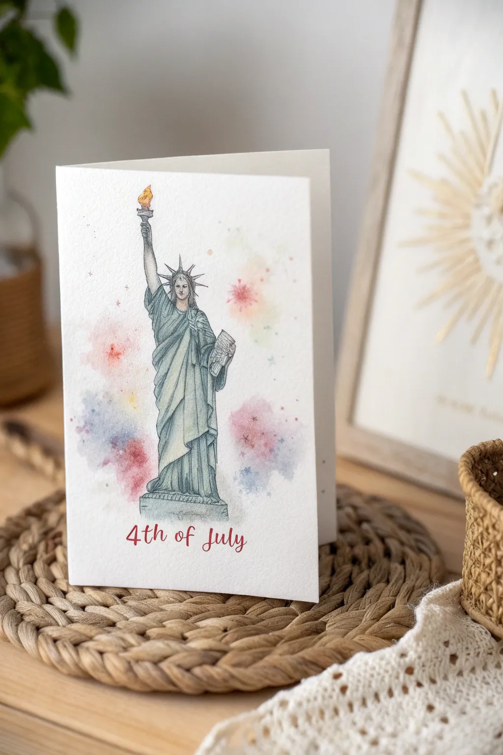 Celebrate Independence Day with timeless elegance: a handcrafted 4th of July card featuring the iconic Statue of Liberty, exquisitely colored for a touch of artistic sophistication.