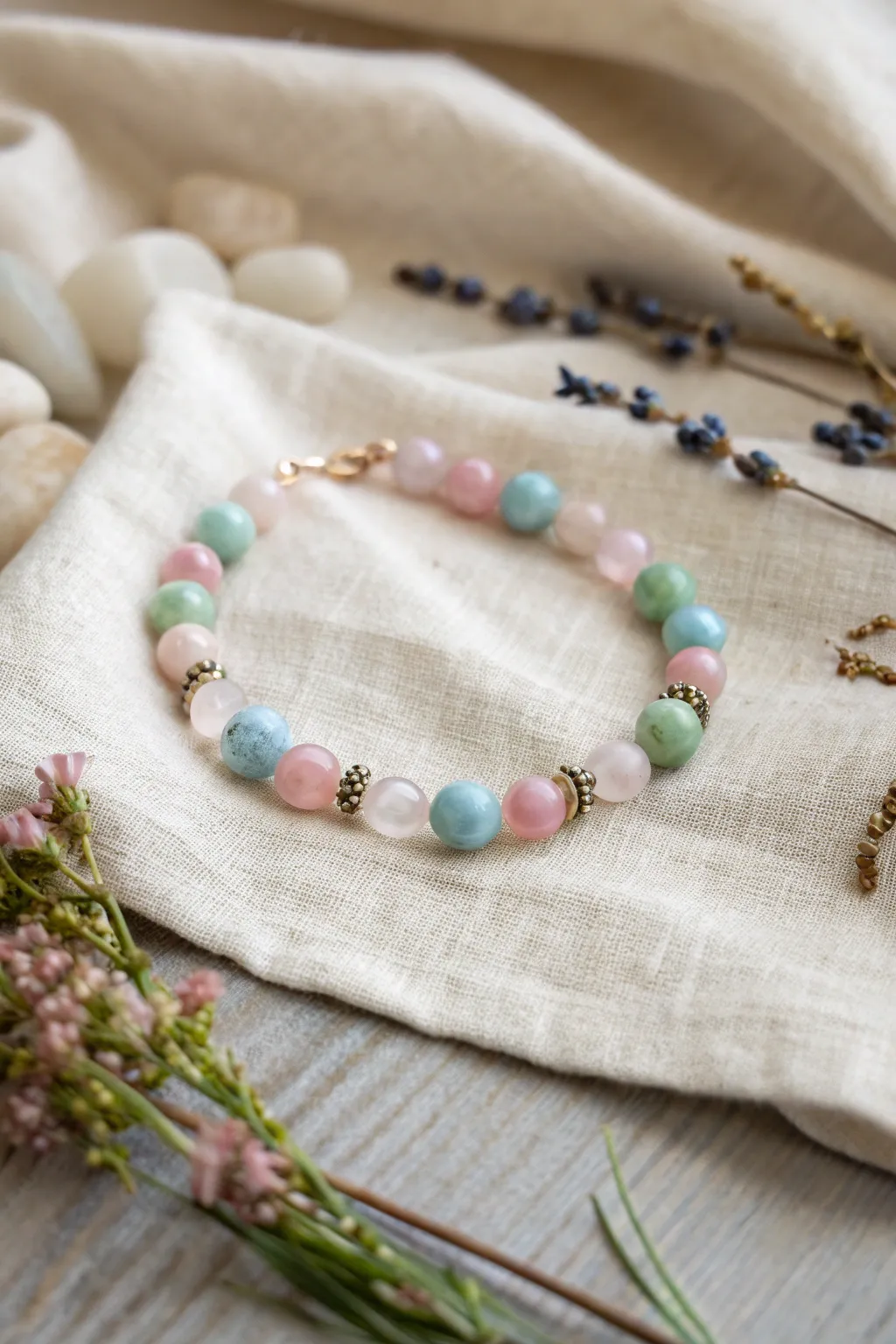 Embrace the beauty of spring with a pastel bead bracelet that captures the season's essence.