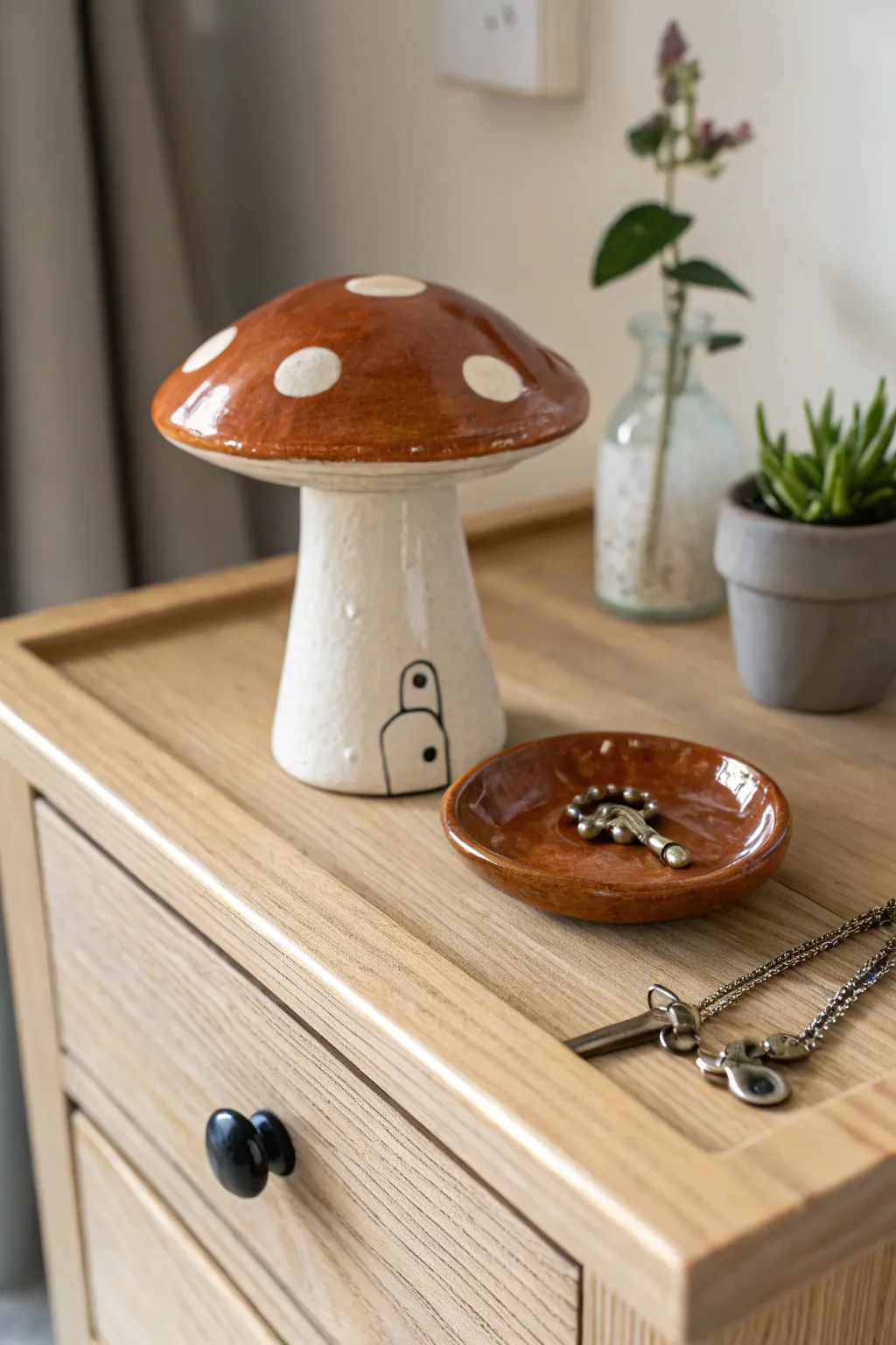 Elevate your space with a touch of whimsy and elegance. This handmade ceramic mushroom dish is perfect for keeping your treasures safe and stylish.